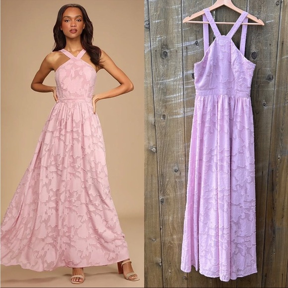 Lulus Dresses & Skirts - Mauve Pink Halter Floral Chiffon Burnout Jacquard Dress 🌿